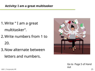 L&D | Corporate HR 25
Activity: I am a great multitasker
1.Write “ I am a great
multitasker”.
2.Write numbers from 1 to
20.
3.Now alternate between
letters and numbers.
Go to Page 5 of Hand
out
 