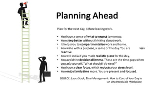 Plan	for	the	next	day,	before	leaving	work.
• You	have	a	sense	of	what	to	expect	tomorrow.
• You	sleep	better	without	thinking	about	work.
• It	helps	you	to	compartmentalize work	and	home.
• You	wake	with	a	purpose,	a	sense	of	the	day.	You	are	 less	
reactive.
• You	will	know	if	you	made	realistic	plans	for	the	day.
• You	avoid	the	decision	dilemma.	These	are	the	time	gaps	when	
you	ask	yourself,	”What	should	I	do	next?”
• You	have	a	clear	focus,	which	reduces your	stress level.
• You	enjoy	family	time	more.	You	are	present	and	focused.
Planning	Ahead
SOURCE:	Laura	Stack,	Time	Management:	How	to	Control	Your	Day	in	
an	Uncontrollable	Workplace
 