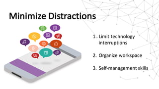 Minimize	Distractions
1. Limit	technology	
interruptions
2. Organize	workspace	
3. Self-management	skills
 