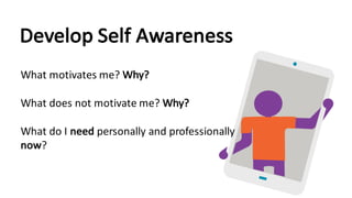 Develop	Self	Awareness
What	motivates	me?	Why?
What	does	not	motivate	me?	Why?
What	do	I	need personally	and	professionally	
now?
 
