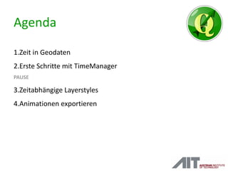 Agenda
1.Zeit in Geodaten
2.Erste Schritte mit TimeManager
PAUSE
3.Zeitabhängige Layerstyles
4.Animationen exportieren
 
