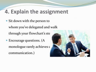 4. Explain the assignment
 Sit down with the person to
whom you’ve delegated and walk
through your flowchart’s steps.
 Encourage questions. (A
monologue rarely achieves clear
communication.)
 