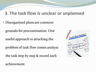 3. The task flow is unclear or unplanned
 Disorganized plans are common
grounds for procrastination. One
useful approach to attacking the
problem of task flow comes analyze
the task step by step & record each
achievement.
 