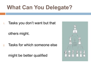 The Key Steps of Delegation
 Deciding to delegate is a minor part of
the battle.
 Doing it right is a much bigger
challe...