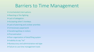 Barriers to Time Management 
Unscheduled interruptions 
Reacting or fire-fighting 
Lack of delegation 
Accepting other’s monkeys 
Lack of planning and unclear priorities 
Unnecessary paperwork 
Socializing/drop-in visitors 
Procrastination 
Poor organization of desk/filing system 
Inability to say “no” 
Bureaucracy and administrative red tape 
Failure to use time management tools 
 