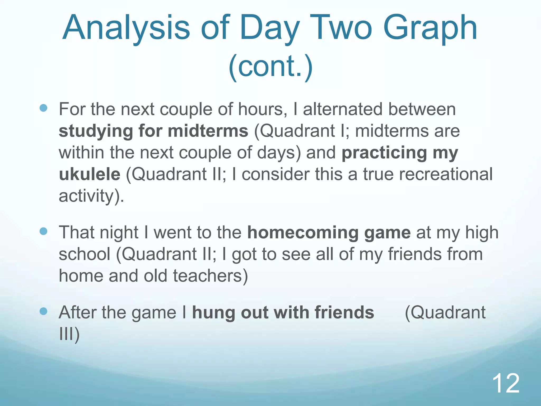 Analysis of Day Two Graph
(cont.)
 For the next couple of hours, I alternated between
studying for midterms (Quadrant I; midterms are
within the next couple of days) and practicing my
ukulele (Quadrant II; I consider this a true recreational
activity).

 That night I went to the homecoming game at my high
school (Quadrant II; I got to see all of my friends from
home and old teachers)

 After the game I hung out with friends

(Quadrant

III)

12

 