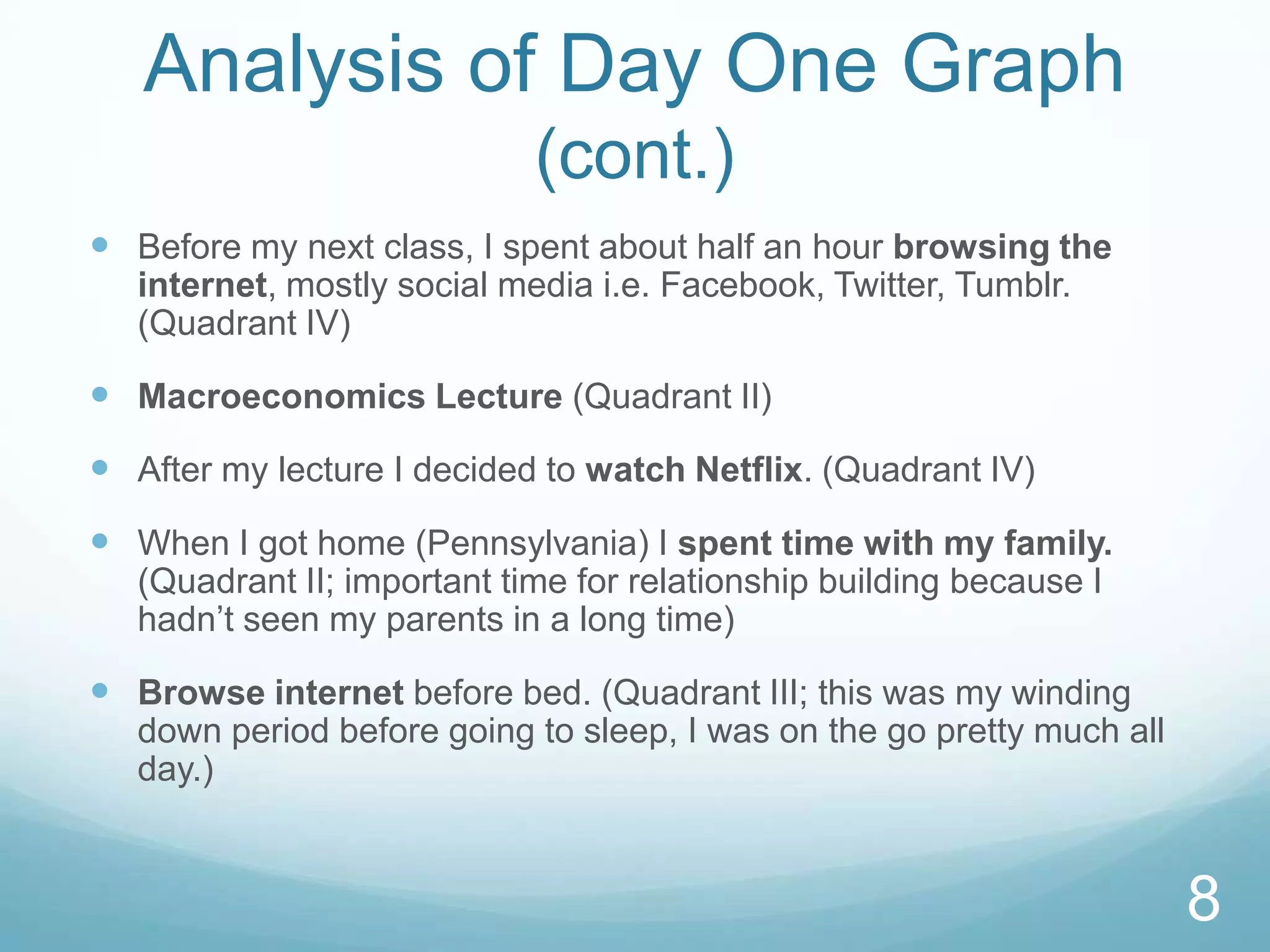 Analysis of Day One Graph
(cont.)
 Before my next class, I spent about half an hour browsing the
internet, mostly social media i.e. Facebook, Twitter, Tumblr.
(Quadrant IV)

 Macroeconomics Lecture (Quadrant II)
 After my lecture I decided to watch Netflix. (Quadrant IV)
 When I got home (Pennsylvania) I spent time with my family.
(Quadrant II; important time for relationship building because I
hadn’t seen my parents in a long time)

 Browse internet before bed. (Quadrant III; this was my winding
down period before going to sleep, I was on the go pretty much all
day.)

8

 