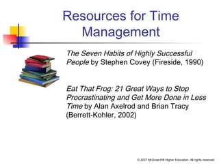 © 2007 McGraw-Hill Higher Education. All rights reserved.
Resources for Time
Management
The Seven Habits of Highly Successful
People by Stephen Covey (Fireside, 1990)
Eat That Frog: 21 Great Ways to Stop
Procrastinating and Get More Done in Less
Time by Alan Axelrod and Brian Tracy
(Berrett-Kohler, 2002)
 