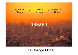 Effective
Change
Quality
of Idea
Amount of
Buy in
x=
The Change Model
 