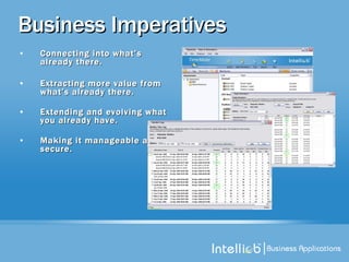 Business Imperatives Connecting into what’s already there. Extracting more value from what’s already there. Extending and evolving what you already have. Making it manageable and secure. 