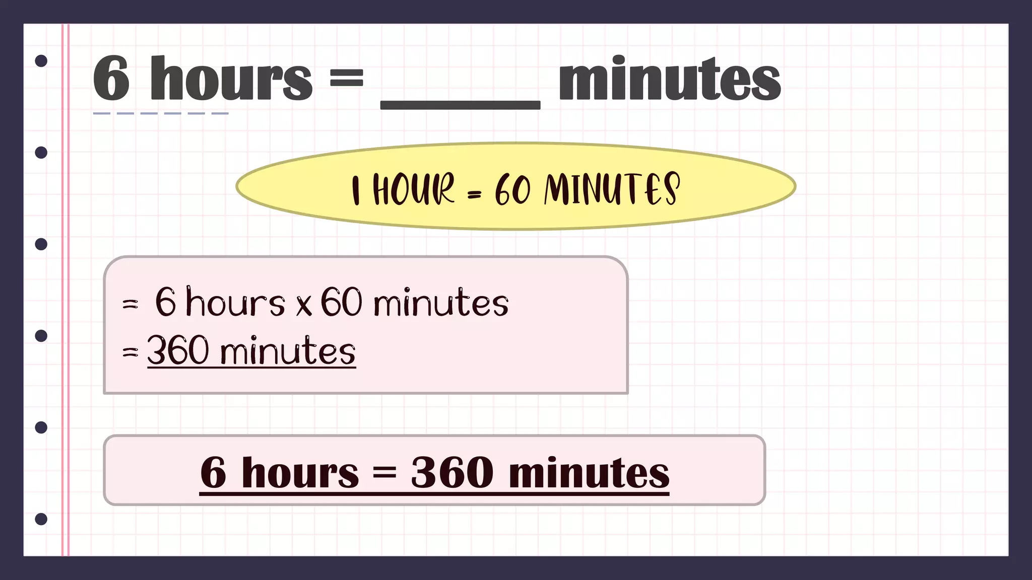 6 hours = _____ minutes
1 hour = 60 minutes
6 hours = 360 minutes
 
