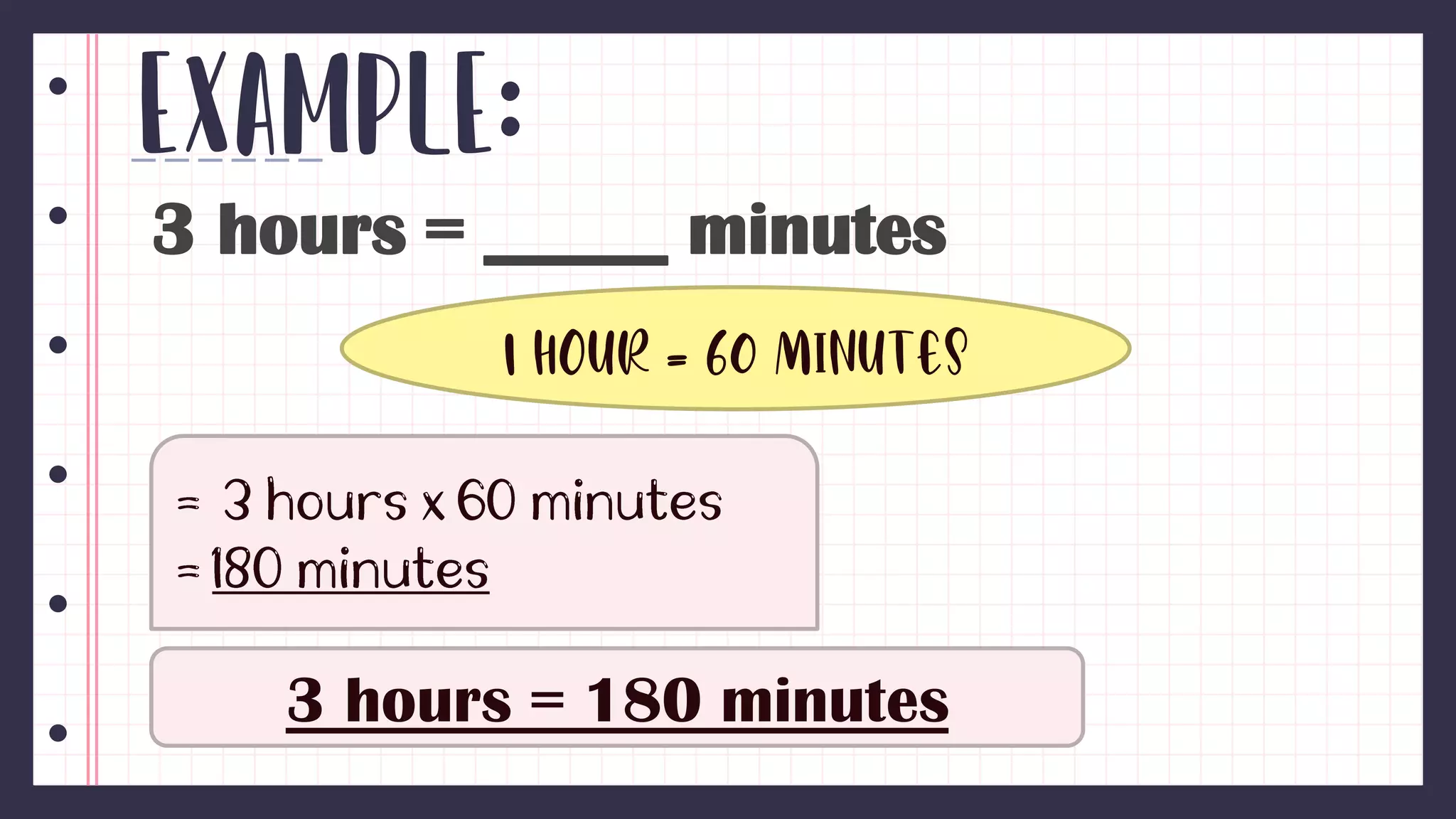 Example:
3 hours = _____ minutes
1 hour = 60 minutes
3 hours = 180 minutes
 