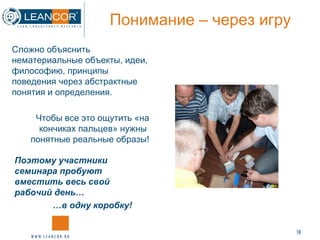 Понимание – через игру   Сложно объяснить нематериальные объекты, идеи, философию, принципы поведения через абстрактные понятия и определения. Чтобы все это ощутить «на кончиках пальцев» нужны  понятные реальные образы! Поэтому участники семинара пробуют вместить весь свой рабочий день… … в одну коробку! 