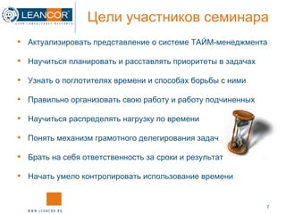 Цели участников семинара Актуализировать представление о системе ТАЙМ-менеджмента Научиться планировать и расставлять приоритеты в задачах Узнать о поглотителях времени и способах борьбы с ними Правильно организовать свою работу и работу подчиненных Научиться распределять нагрузку по времени Понять механизм грамотного делегирования задач Брать на себя ответственность за сроки и результат Начать умело контролировать использование времени 