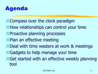 Agenda
Compass over the clock paradigm
How relationships can control your time
Proactive planning processes
Plan an ef...