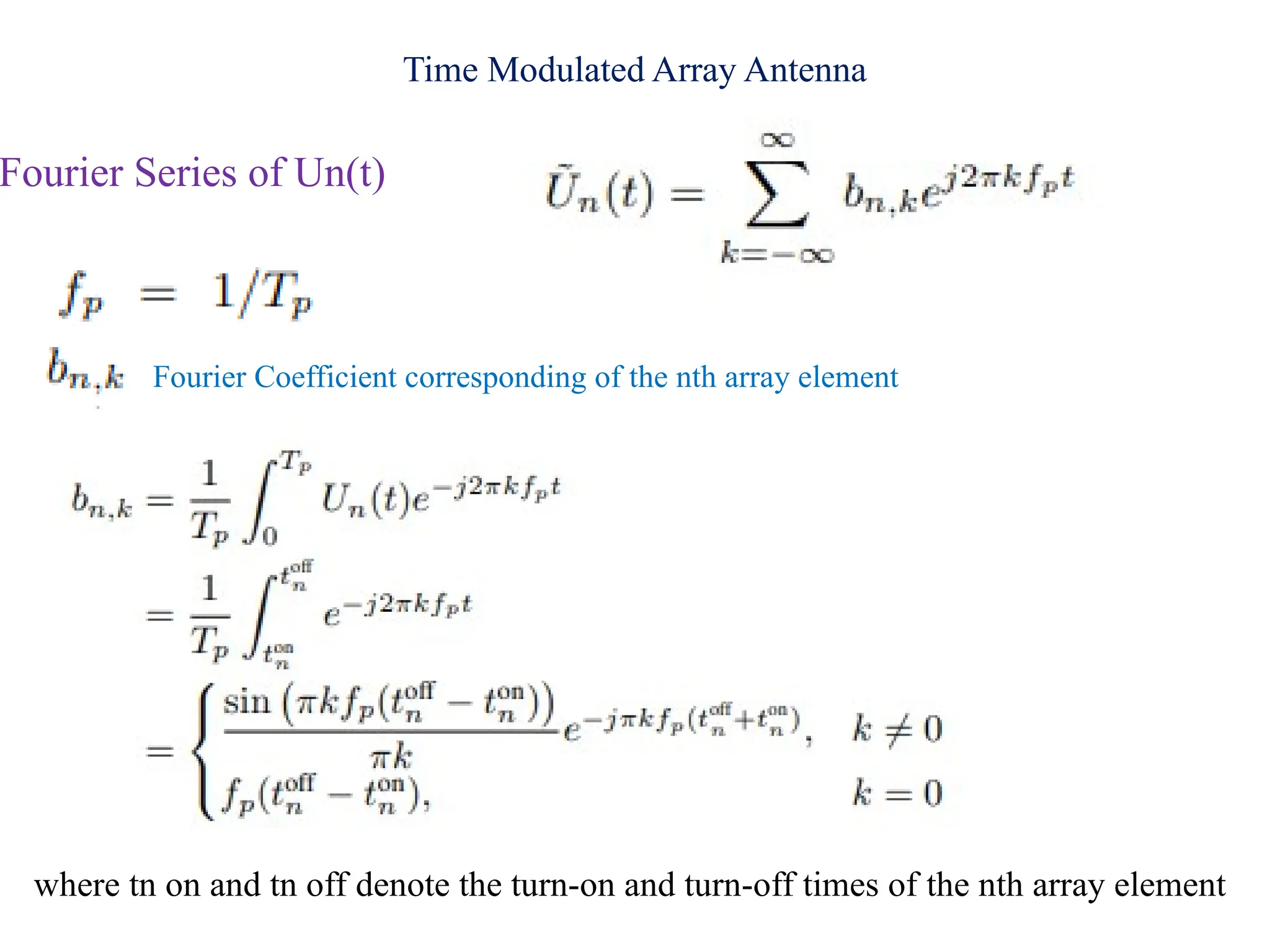 Time Modulated Array Antenna
Fourier Series of Un(t)
Fourier Coefficient corresponding of the nth array element
where tn on and tn off denote the turn-on and turn-off times of the nth array element
 