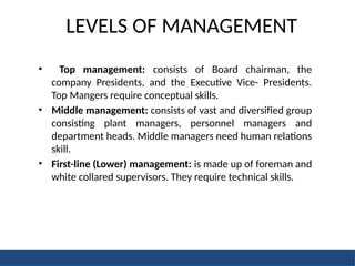 LEVELS OF MANAGEMENT
• Top management: consists of Board chairman, the
company Presidents, and the Executive Vice- Presidents.
Top Mangers require conceptual skills.
• Middle management: consists of vast and diversified group
consisting plant managers, personnel managers and
department heads. Middle managers need human relations
skill.
• First-line (Lower) management: is made up of foreman and
white collared supervisors. They require technical skills.
 
