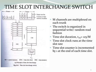  M channels are multiplexed on
each trunk
 The switch is organized in
sequential write/ random read
fashion
 Time slot duration, tTS= 125/M
 Time slot clock runs at the time
slot rate
 Time slot counter is incremented
by 1 at the end of each time slot.
3
TIME SLOT INTERCHANGE SWITCH
 