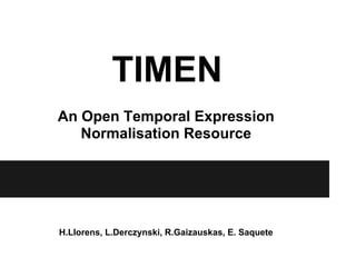 TIMEN
An Open Temporal Expression
   Normalisation Resource




H.Llorens, L.Derczynski, R.Gaizauskas, E. Saquete
 