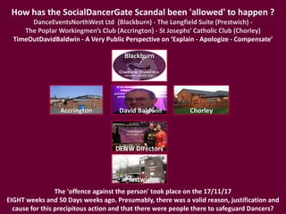 How has the SocialDancerGate Scandal been 'allowed' to happen ?
DanceEventsNorthWest Ltd (Blackburn) - The Longfield Suite (Prestwich) -
The Poplar Workingmen’s Club (Accrington) - St Josephs' Catholic Club (Chorley)
TimeOutDavidBaldwin - A Very Public Perspective on ‘Explain - Apologize - Compensate’
The 'offence against the person' took place on the 17/11/17
EIGHT weeks and 50 Days weeks ago. Presumably, there was a valid reason, justification and
cause for this precipitous action and that there were people there to safeguard Dancers?
Blackburn
Accrington Chorley
Prestwich
David Baldwin
DENW Directors
 