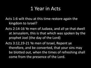 1 Year in Acts
Acts 1:6 wilt thou at this time restore again the
kingdom to Israel?
Acts 2:14-16 Ye men of Judaea, and all ye that dwell
at Jerusalem, this is that which was spoken by the
prophet Joel (the day of the Lord)
Acts 3:12,19-21 Ye men of Israel, Repent ye
therefore, and be converted, that your sins may
be blotted out, when the times of refreshing shall
come from the presence of the Lord.
 