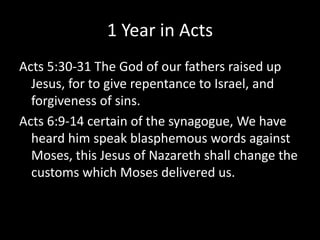 1 Year in Acts
Acts 5:30-31 The God of our fathers raised up
Jesus, for to give repentance to Israel, and
forgiveness of sins.
Acts 6:9-14 certain of the synagogue, We have
heard him speak blasphemous words against
Moses, this Jesus of Nazareth shall change the
customs which Moses delivered us.
 