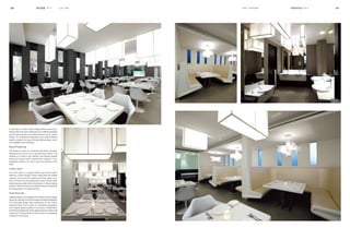 086                                时代空间 NO. 41                     空间·餐厅   SPACE · Restaurant   TIMESPACE NO. 41   087




In this project, in order to offer a highly efficient environment,
dining seats have been rearranged to be skillfully integrated
into the linear layout and create flowing lines for interior
design. An undulating topography and magical lighting
quality is added to the space through lighting design, which
is the highlight of this restaurant.

Brand Positioning
The project is a part of a business hotel which has been
redesigned by the firm as a repositioning exercise. The
strategy is to create a new identity to the already popular
restaurant though interior architecture making it a new
destination dining in the city to spur the business of the
hotel.

Linear Layout
The brief calls for a highly flexible layout with higher
efficiency on floor, though it meant cutting down the seating
capacity. 8 pax and 6 pax tables have been taken out in
favor of 4 pax and 2 pax seating with could be joined create
desired groups easily, with the linear layout. A vibrant waiting
lounge is carved out from the restaurant space, showcases
the happenings on the restaurant floor.

Charming Light
Lighting design is the highlight of this project and the design
derives its strength from the innovative architectural lighting.
The minimalist design gets transformed by the custom
designed lights which create an undulating topography
and magical lighting quality to the space. Collaborative
Architecture designs the series lights along the exterior wall
named as “Thousand Moons” which lends an unmistakable
character to the facade.
 