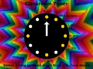 Classroom Timer Select a time to count down from the clock above 60 min 45 min 30 min 20 min 15 min 10 min 5 min or less 