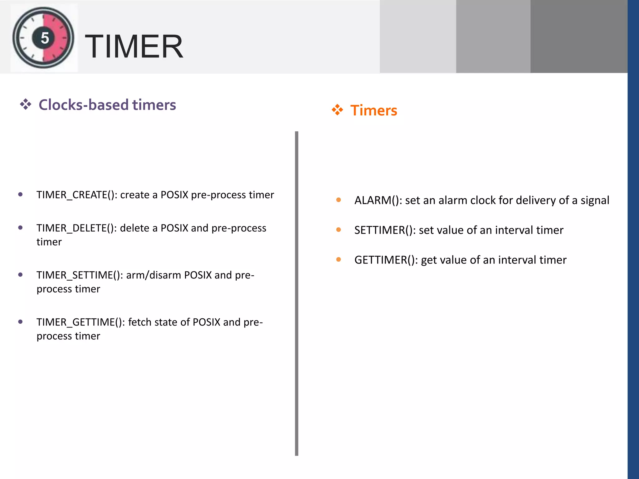 125
TIMER
 Clocks-based timers  Timers
 ALARM(): set an alarm clock for delivery of a signal
 SETTIMER(): set value of an interval timer
 GETTIMER(): get value of an interval timer
 TIMER_CREATE(): create a POSIX pre-process timer
 TIMER_DELETE(): delete a POSIX and pre-process
timer
 TIMER_SETTIME(): arm/disarm POSIX and pre-
process timer
 TIMER_GETTIME(): fetch state of POSIX and pre-
process timer
 