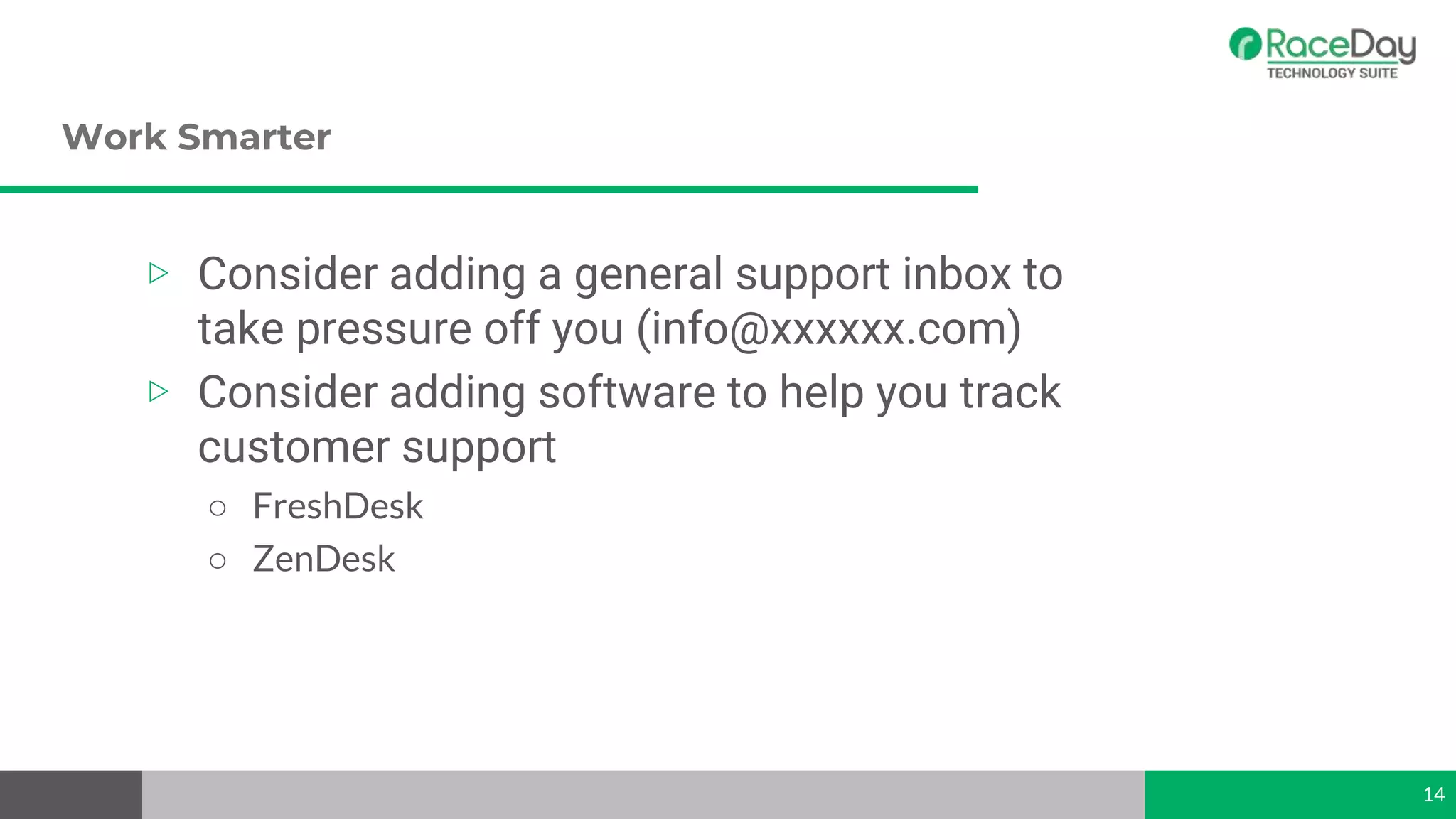 Work Smarter
14
▷ Consider adding a general support inbox to
take pressure off you (info@xxxxxx.com)
▷ Consider adding software to help you track
customer support
○ FreshDesk
○ ZenDesk
 