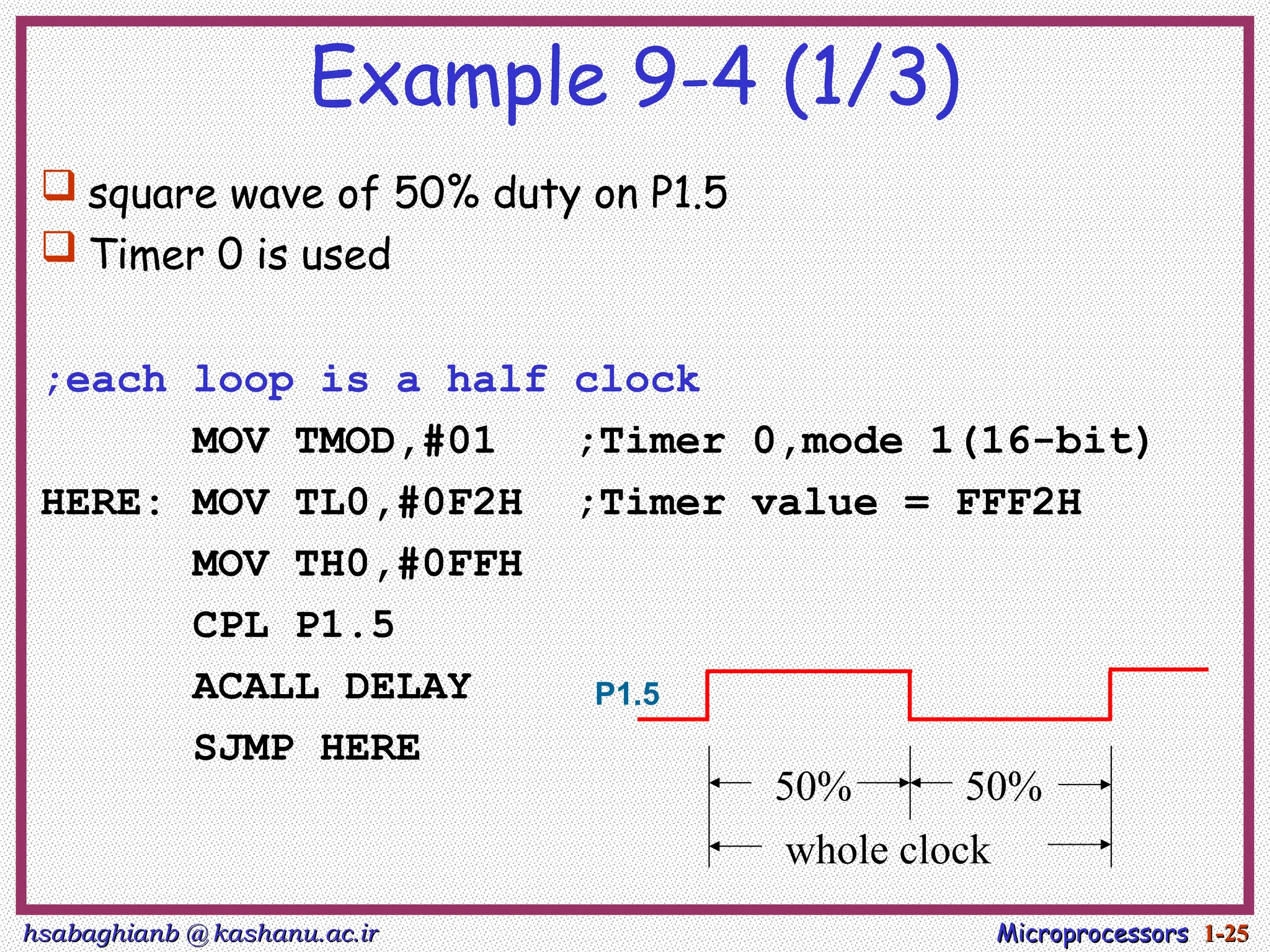 hsabaghianb @ kashanu.ac.ir
hsabaghianb @ kashanu.ac.ir Microprocessors
Microprocessors 1-
1-25
25
Example 9-4 (1/3)
 square wave of 50% duty on P1.5
 Timer 0 is used
;each loop is a half clock
MOV TMOD,#01 ;Timer 0,mode 1(16-bit)
HERE: MOV TL0,#0F2H ;Timer value = FFF2H
MOV TH0,#0FFH
CPL P1.5
ACALL DELAY
SJMP HERE
50% 50%
whole clock
P1.5
 
