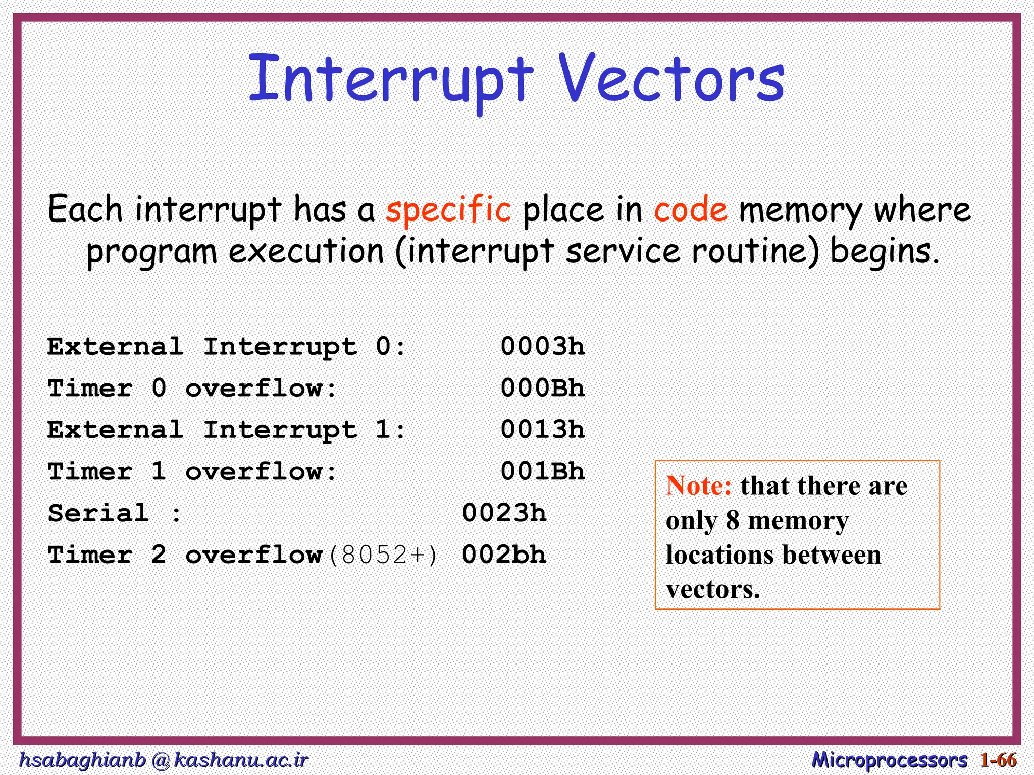 hsabaghianb @ kashanu.ac.ir
hsabaghianb @ kashanu.ac.ir Microprocessors
Microprocessors 1-
1-66
66
Interrupt Vectors
Each interrupt has a specific place in code memory where
program execution (interrupt service routine) begins.
External Interrupt 0: 0003h
Timer 0 overflow: 000Bh
External Interrupt 1: 0013h
Timer 1 overflow: 001Bh
Serial : 0023h
Timer 2 overflow(8052+) 002bh
Note: that there are
only 8 memory
locations between
vectors.
 