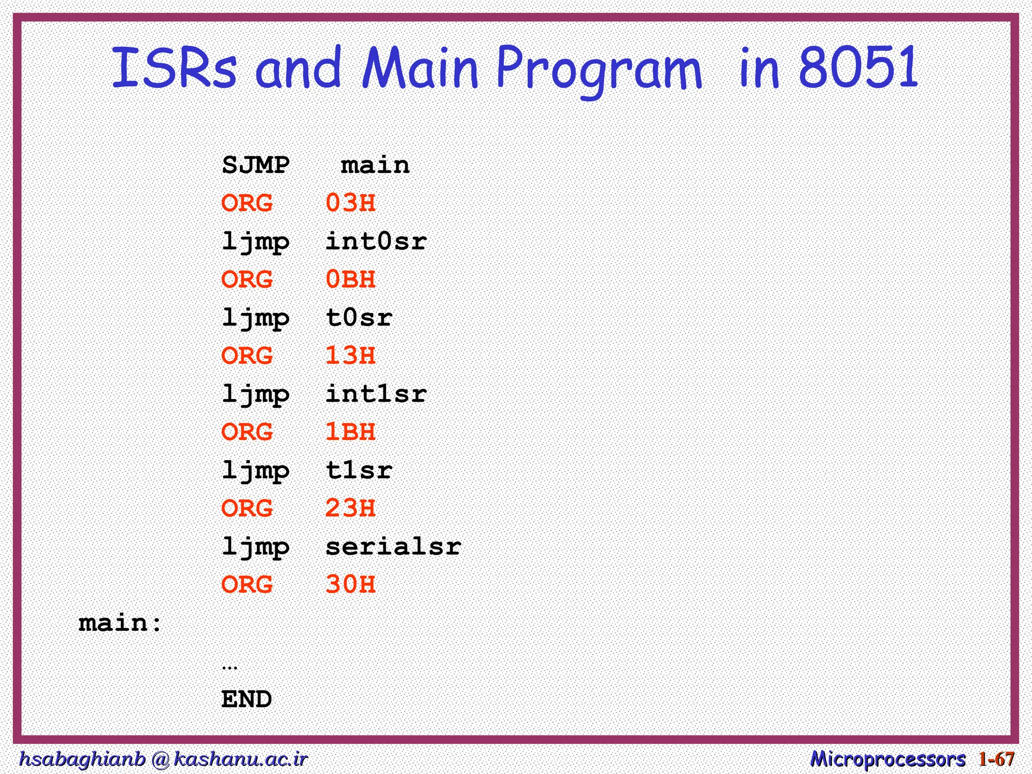 hsabaghianb @ kashanu.ac.ir
hsabaghianb @ kashanu.ac.ir Microprocessors
Microprocessors 1-
1-67
67
SJMP main
ORG 03H
ljmp int0sr
ORG 0BH
ljmp t0sr
ORG 13H
ljmp int1sr
ORG 1BH
ljmp t1sr
ORG 23H
ljmp serialsr
ORG 30H
main:
…
END
ISRs and Main Program in 8051
 