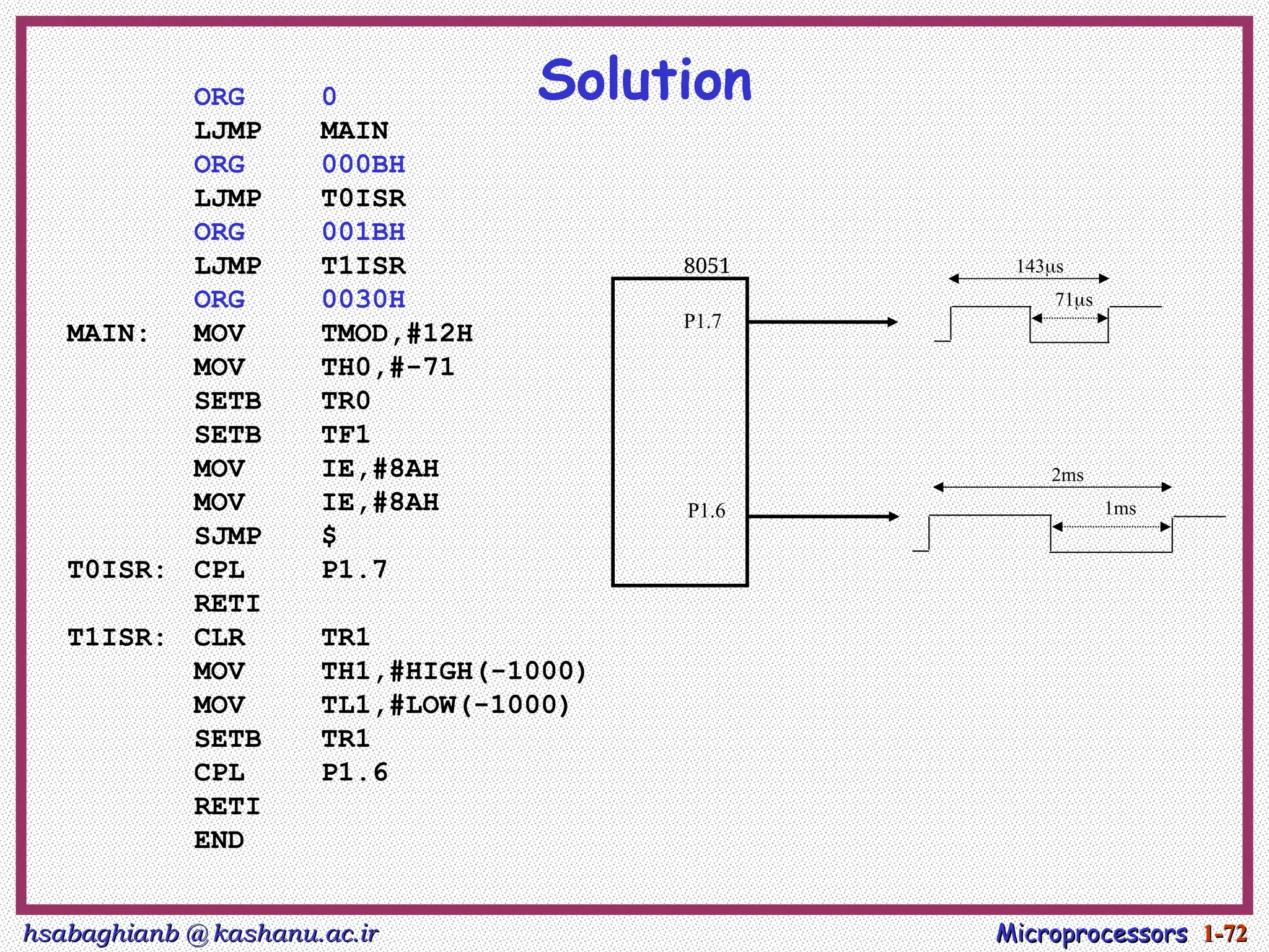 hsabaghianb @ kashanu.ac.ir
hsabaghianb @ kashanu.ac.ir Microprocessors
Microprocessors 1-
1-72
72
71s
143s
1ms
2ms
P1.7
P1.6
8051
Solution
ORG 0
LJMP MAIN
ORG 000BH
LJMP T0ISR
ORG 001BH
LJMP T1ISR
ORG 0030H
MAIN: MOV TMOD,#12H
MOV TH0,#-71
SETB TR0
SETB TF1
MOV IE,#8AH
MOV IE,#8AH
SJMP $
T0ISR: CPL P1.7
RETI
T1ISR: CLR TR1
MOV TH1,#HIGH(-1000)
MOV TL1,#LOW(-1000)
SETB TR1
CPL P1.6
RETI
END
 