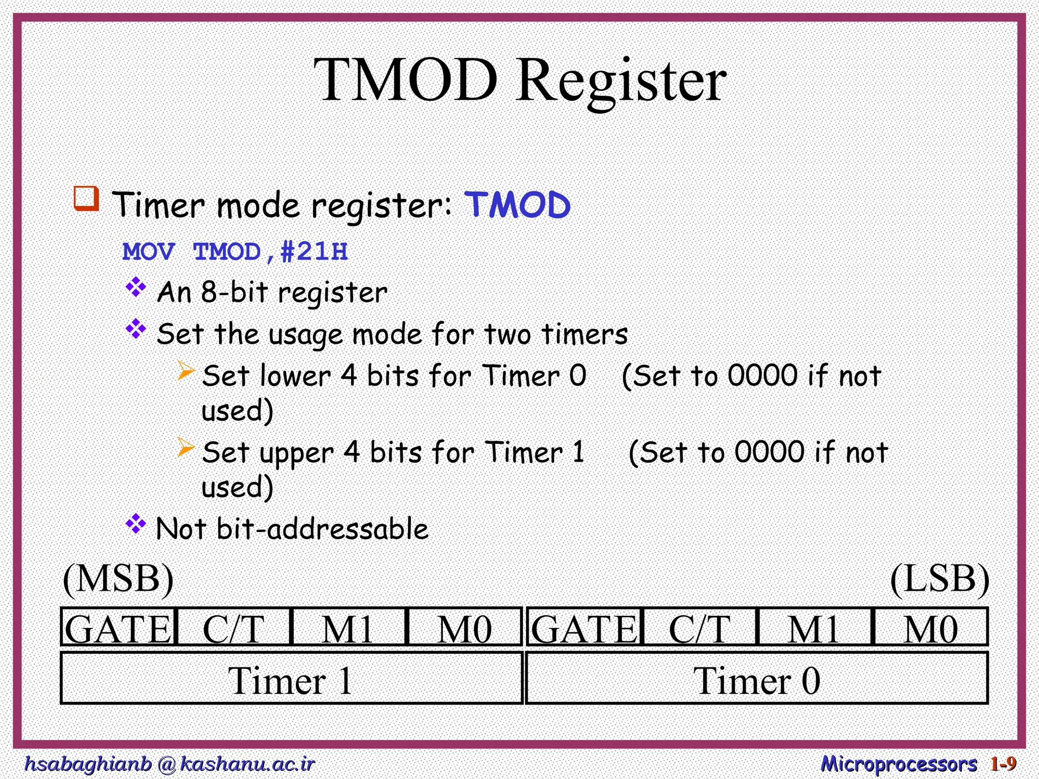 hsabaghianb @ kashanu.ac.ir
hsabaghianb @ kashanu.ac.ir Microprocessors
Microprocessors 1-
1-9
9
TMOD Register
 Timer mode register: TMOD
MOV TMOD,#21H
 An 8-bit register
 Set the usage mode for two timers
Set lower 4 bits for Timer 0 (Set to 0000 if not
used)
Set upper 4 bits for Timer 1 (Set to 0000 if not
used)
 Not bit-addressable
GATE C/T M1 M0 GATE C/T M1 M0
Timer 1 Timer 0
(MSB) (LSB)
 