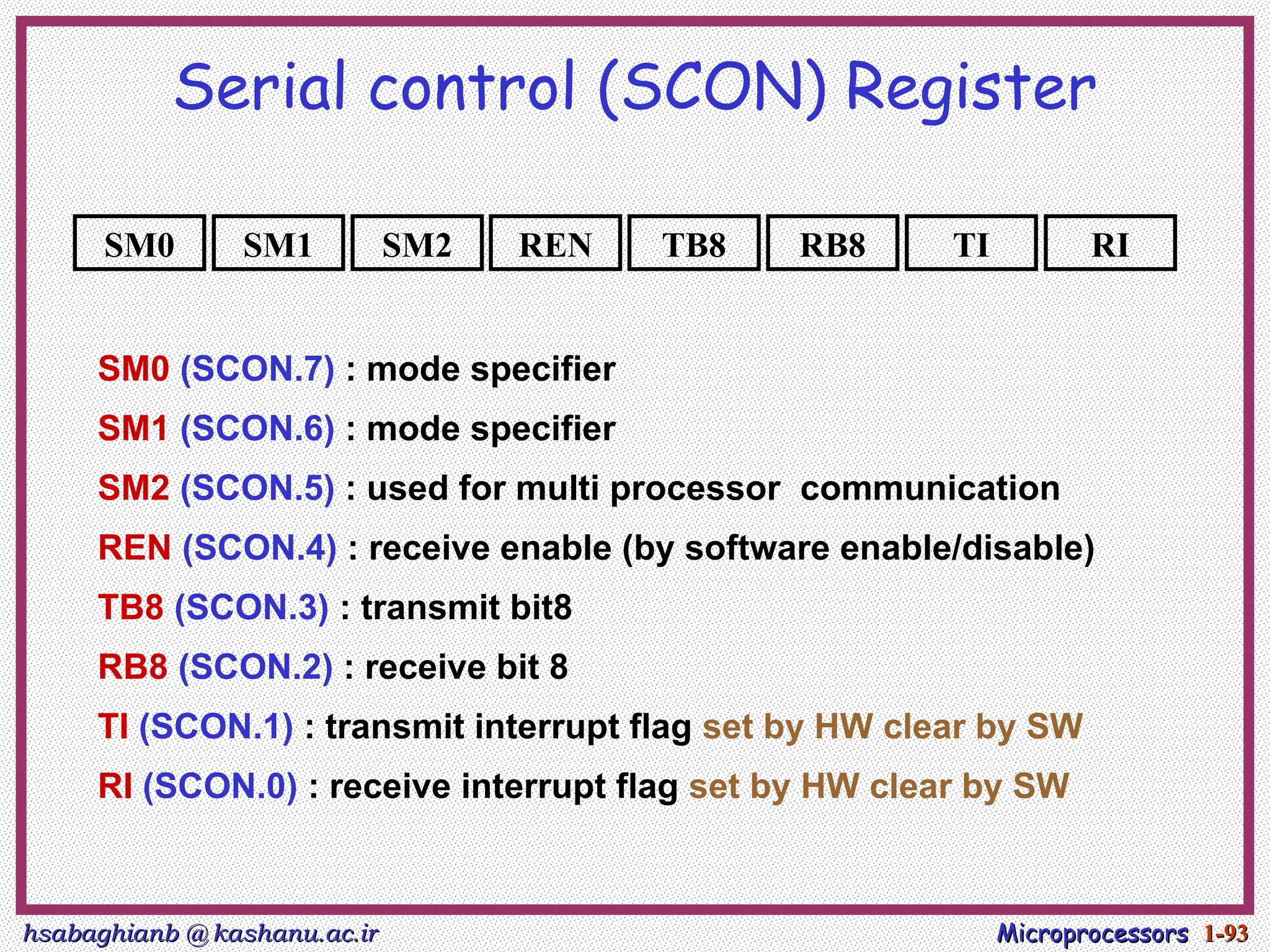 hsabaghianb @ kashanu.ac.ir
hsabaghianb @ kashanu.ac.ir Microprocessors
Microprocessors 1-
1-93
93
Serial control (SCON) Register
SM0 (SCON.7) : mode specifier
SM1 (SCON.6) : mode specifier
SM2 (SCON.5) : used for multi processor communication
REN (SCON.4) : receive enable (by software enable/disable)
TB8 (SCON.3) : transmit bit8
RB8 (SCON.2) : receive bit 8
TI (SCON.1) : transmit interrupt flag set by HW clear by SW
RI (SCON.0) : receive interrupt flag set by HW clear by SW
SM0 RI
TI
RB8
TB8
REN
SM2
SM1
 