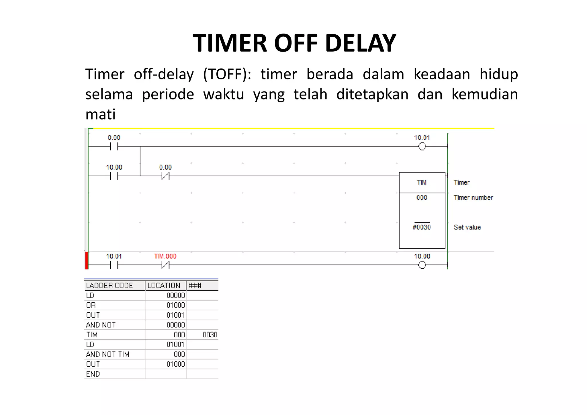TIMER OFF DELAY
Timer off‐delay (TOFF): timer berada dalam keadaan hidup
selama periode waktu yang telah ditetapkan dan kemudian
mati

 