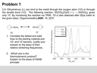 Problem 1
2,5- Dihydrofuran (L) can bind to the metal through the oxygen atom (1O) or through
the double bond (1C). The following reaction, W(CO)5(CyH) + L → W(CO)5L gives
only 1C. By monitoring the reaction via TRIR, 1O is also detected after 20μs (refer to
the given data). Organometallics,2000, 19, 2237.
1. Correlate the dotted and solid
lines to the starting material and
1O and 1C isomers. Justify your
answer on the basis of their
relative stretching frequencies.
2. Which one is thermodynamic
product. Explain on the basis of
HSAB principle.
1. Correlate the dotted and solid
lines to the starting material and
1O and 1C isomers. Justify your
answer on the basis of their
relative stretching frequencies.
2. Which one is the
thermodynamic product?
Explain on the basis of HSAB
principle.
 