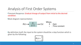 16
Analysis of First Order Systems
•Transient Response: Gradual change of output from initial to the desired
condition.
•Block diagram representation:
•By definition itself, the input to the system should be a step function which is
given by the following:
C(s)R(s)
1s
K

s
sR
1
)( 
Where,
K : Gain
 : Time constant
 