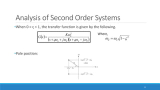 Analysis of Second Order Systems
21
•When 0 < ς < 1, the transfer function is given by the following.
•Pole position:
 
  dndn
n
jsjs
K
sG




2 Where,
2
1   nd
 