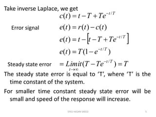 Take inverse Laplace, we get
The steady state error is equal to ‘T’, where ‘T’ is the
time constant of the system.
For smaller time constant steady state error will be
small and speed of the response will increase.
SYED HASAN SAEED 5
TTeTLimit
eTte
TeTttte
tctrte
TeTttc
Tt
t
Tt
Tt
Tt
)(
)1()(
)(
)()()(
)(
/
/
/
/
Error signal
Steady state error