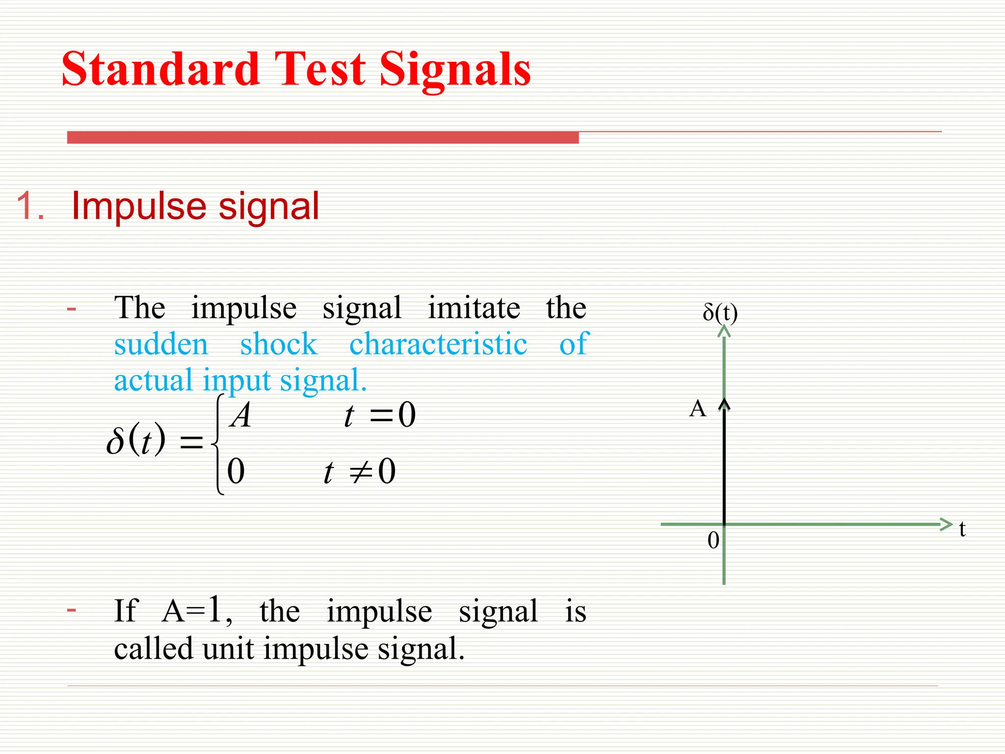 Standard Test Signals
1. Impulse signal
- The impulse signal imitate the
sudden shock characteristic of
actual input signal.
- If A=1, the impulse signal is
called unit impulse signal.
0 t
δ(t)
A






0
0
0
t
t
A
t)
(

 