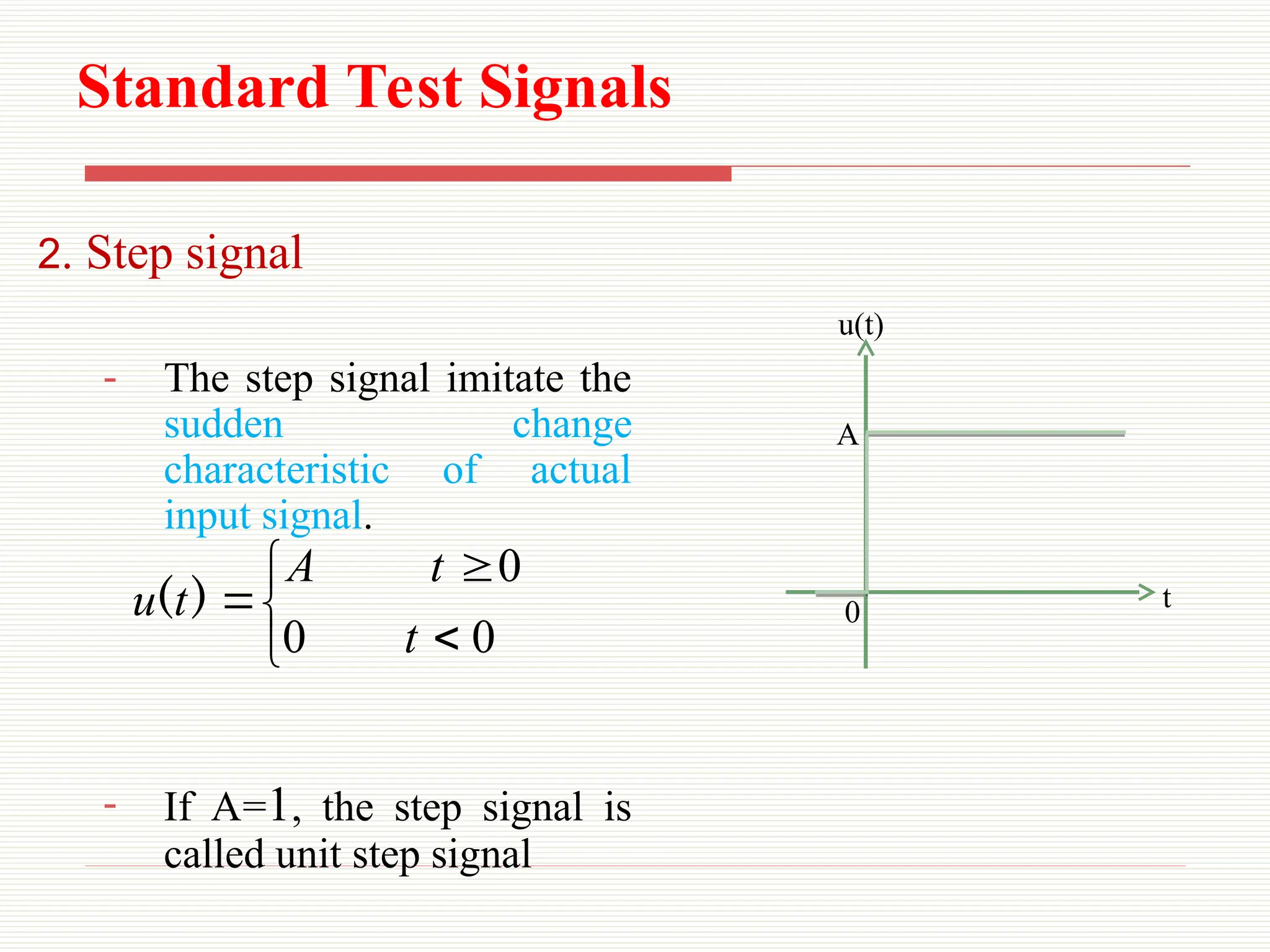 Standard Test Signals
2. Step signal
- The step signal imitate the
sudden change
characteristic of actual
input signal.
- If A=1, the step signal is
called unit step signal






0
0
0
t
t
A
t
u )
( 0 t
u(t)
A
 