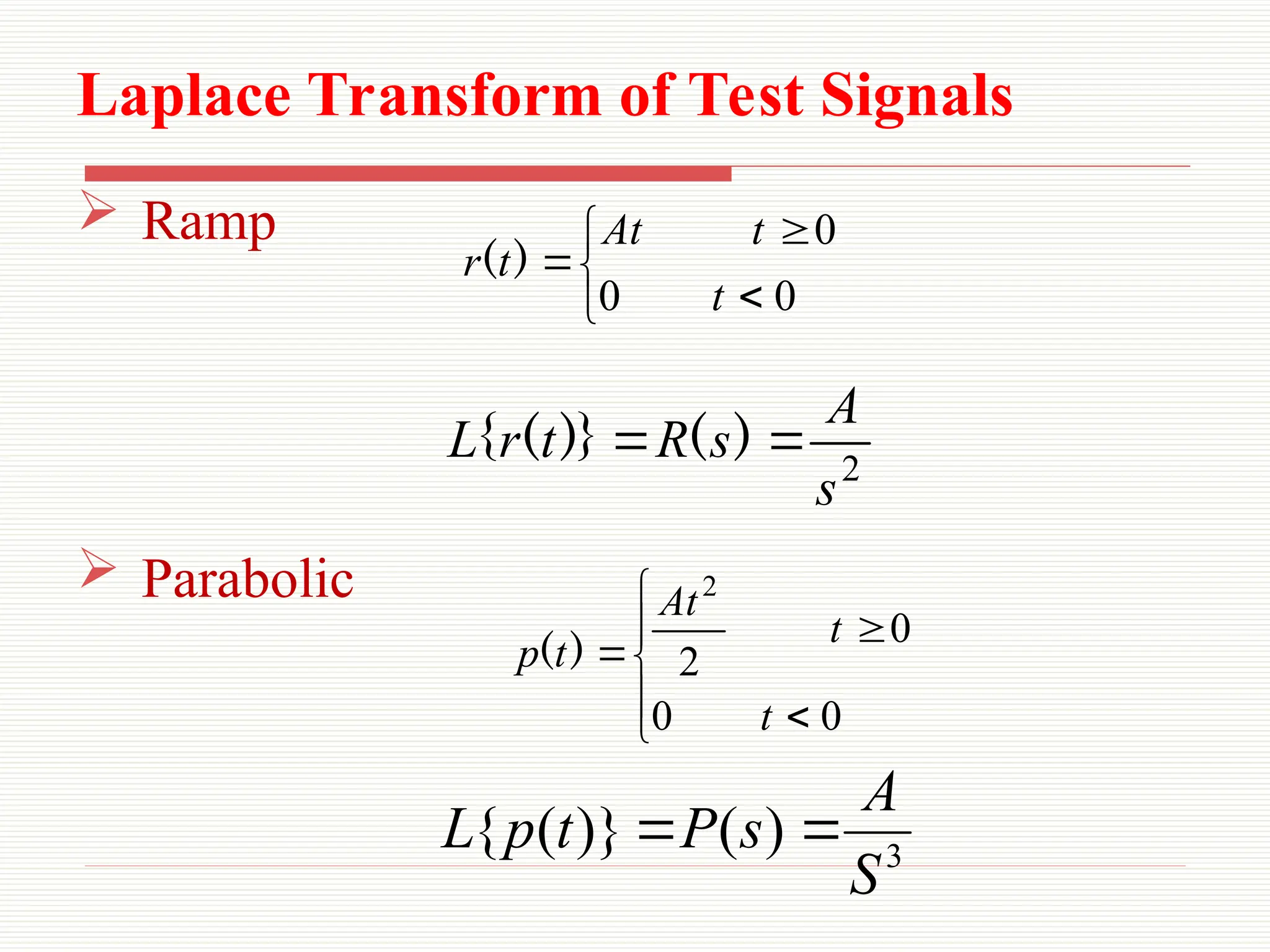 Laplace Transform of Test Signals
 Ramp
 Parabolic
2
s
A
s
R
t
r
L 
 )
(
)}
(
{
3
)
(
)}
(
{
S
A
s
P
t
p
L 







0
0
0
t
t
At
t
r )
(








0
0
0
2
2
t
t
At
t
p )
(
 