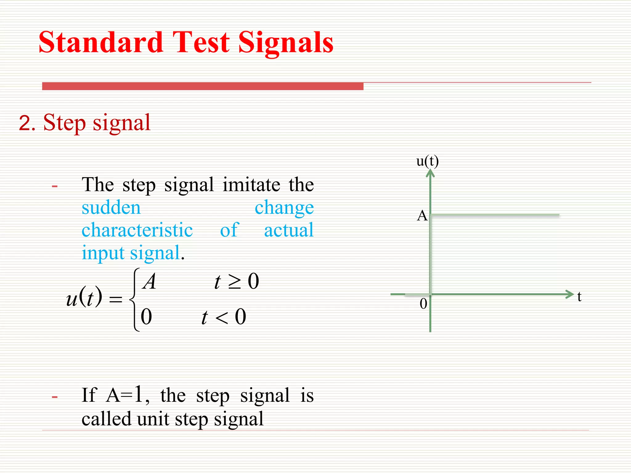 Standard Test Signals
2. Step signal
- The step signal imitate the
sudden change
characteristic of actual
input signal.
- If A=1, the step signal is
called unit step signal






0
0
0
t
t
A
t
u )
( 0 t
u(t)
A
 