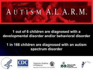 1 out of 6 children are diagnosed with a
developmental disorder and/or behavioral disorder

  1 in 166 children are diagnosed with an autism
                 spectrum disorder



                                               12
 