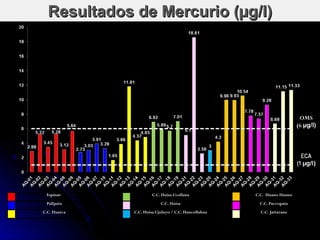 Resultados de Mercurio (µg/l)




                                                                          OMS
                                                                         (6 µg/l)




 Espinar               C.C. Huisa Ccollana            C.C. Huano Huano
 Pallpata                  C.C. Huisa                  C.C. Paccopata
C.C. Huarca   C.C. Huisa Cjuluyo / C.C. Hancollahua     C.C. Jattarana
 