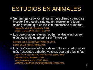ESTUDIOS EN ANIMALES
   Se han replicado los síntomas de autismo cuando se
    inyectó Timerosal a ratones en desarrollo (a igual
    dosis y fechas que en las inmunizaciones humanas).
     Horning M. et al. Mol Psychiatry, 2004.
     Olczak M. et al. Behav Brain Res, 2011.
   Los cerebros de ratones recién nacidos machos son
    más susceptibles al daño por Timerosal.
    Ekstrand J et al. Toxicol Appl Pharmacol, 2010.
    Branch D. Exp Toxicol Pathol, 2009.
   Los desórdenes del neurodesarrollo son cuatro veces
    más frecuentes entre los varones que entre las niñas.
     Clarkson TW et al. Scand J Work Environ Health, 1985.
     Bertrand J et al. Pediatrics, 2001.
     Yeragin-Allsopp M et al. JAMA, 2003.
     California Department of Developmental Services.2003.
                                                             54
 