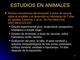 ESTUDIOS EN ANIMALES
   Efectos neurotóxicos del timerosal, a dosis de vacuna,
    sobre el encéfalo y el desarrollo en hámsteres de 7 días
    de nacidos. Laurente J. et al. An Fac Med Lima
    2007;68(3):222-237.
      Estudio experimental puro, longitudinal, prospectivo,
       bioetápico a simple ciego.
      Empleo de timerosal, a dosis de vacunas, sobre
       hámsteres recién nacidos.
      Evaluación del peso, la talla, el peso cerebral y
       estudios histopatológicos de tres zonas cerebrales:
       corteza cerebral, cerebelo e hipocampo, 14 días
       después de la exposición.
                                                           57
 