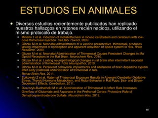 ESTUDIOS EN ANIMALES
   Diversos estudios recientemente publicados han replicado
    nuestros hallazgos en ratones recién nacidos, utilizando el
    mismo protocolo de trabajo.
       Minami T et al. Induction of metallothionein in mouse cerebellum and cerebrum with low-
        dose thimerosal injection. Cell Biol Toxicol, 2009.
       Olczak M et al. Neonatal administration of a vaccine preservative, thimerosal, produces
        lasting impairment of nociception and apparent activation of opioid system in rats. Brain
        Research, 2009.
       Olczak M et al. Neonatal Administration of Thimerosal Causes Persistent Changes in Mu
        Opioid Receptors in the Rat Brain. Neurochem Res, 2010.
       Olczak M et al. Lasting neuropathological changes in rat brain after intermittent neonatal
        administration of thimerosal. Folia Neuropathol, 2010.
       Olczak M et al. Persistent behavioral impairments and alterations of brain dopamine system
        after early postnatal administration of thimerosal in rats.
        Behav Brain Res, 2011.
       Sulkowski Z et al. Maternal Thimerosal Exposure Results in Aberrant Cerebellar Oxidative
        Stress, Thyroid Hormone Metabolism, and Motor Behavior in Rat Pups; Sex- and Strain-
        Dependent Effects. Cerebellum, 2011.
       Duszczyk-Budhathoki M et al. Administration of Thimerosal to Infant Rats Increases
        Overflow of Glutamate and Aspartate in the Prefrontal Cortex: Protective Role of
        Dehydroepiandrosterone Sulfate. Neurochem Res, 2012.



                                                                                                60
 